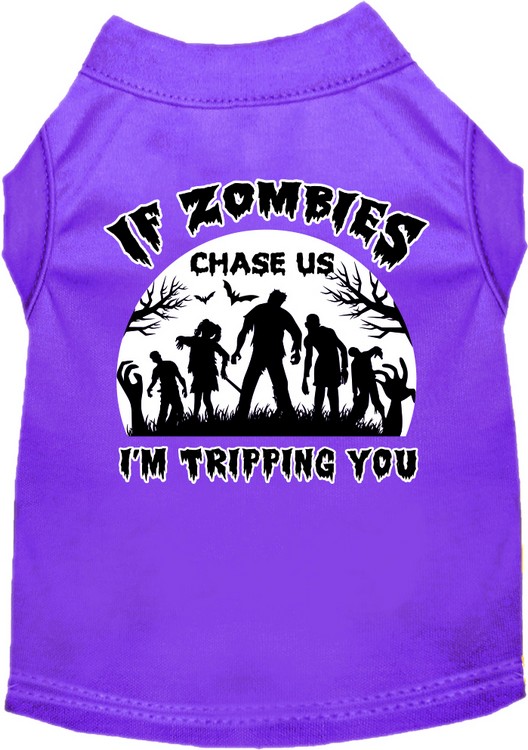 If Zombies Chase Us Screen Print Dog Shirt Purple Size XS